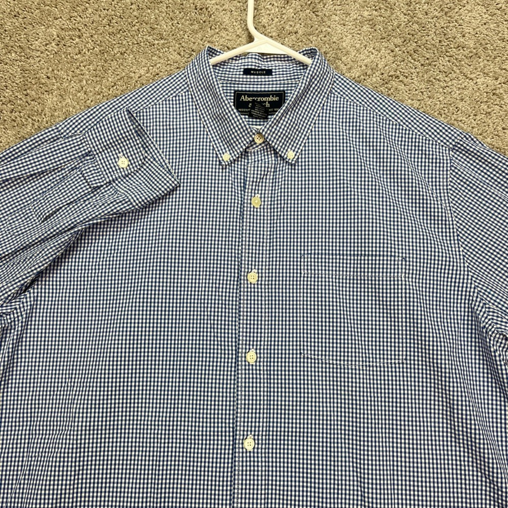 Abercrombie Fitch Mens XL Muscle Fit Blue Gingham Button Down Shirt Long Sleeve‎